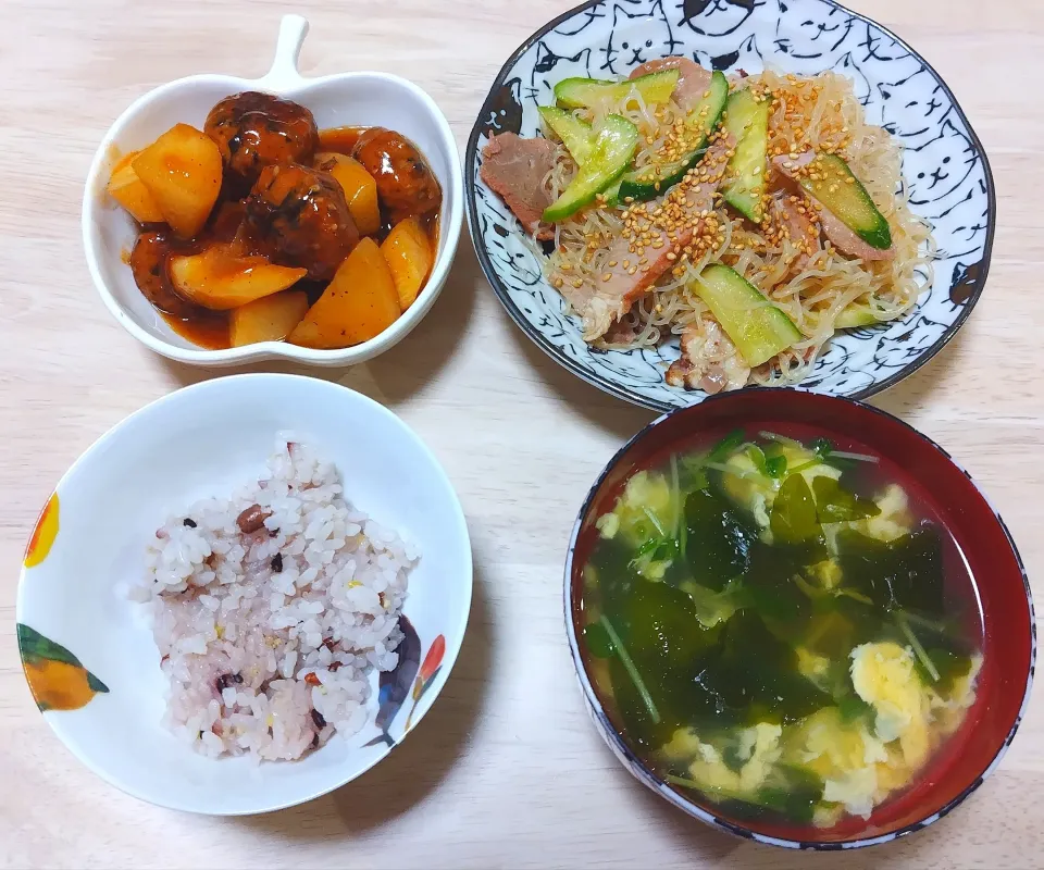 Snapdishの料理写真:2024 0820　焼き豚ときゅうりの春雨サラダ　ごまひじき団子と長芋の甘酢あん　豆苗とわかめの卵スープ|いもこ。さん