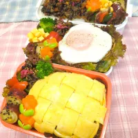 Snapdishの料理写真:編み編みオムソバ＆目玉焼き乗せ焼きそば＆ひじきご飯弁当♥|みちゅあしさん