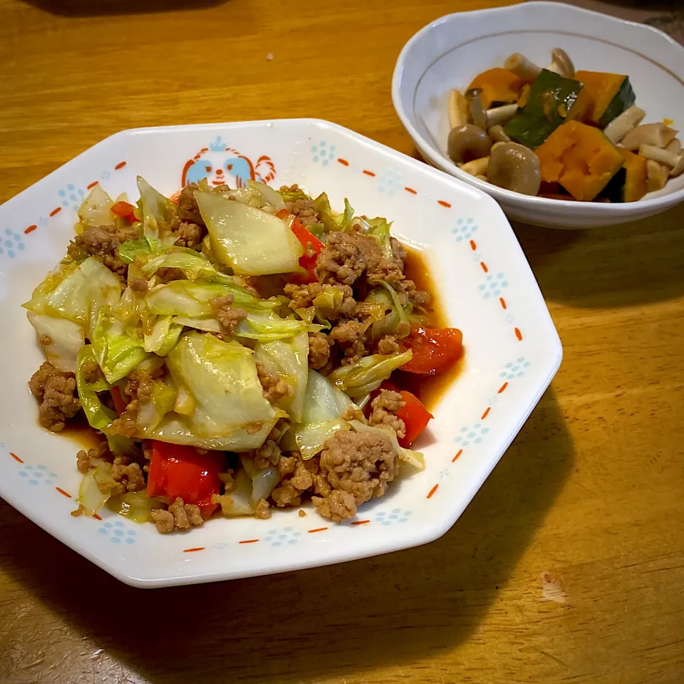 回鍋肉と、かぼちゃとしめじのレンジ煮|もえさん