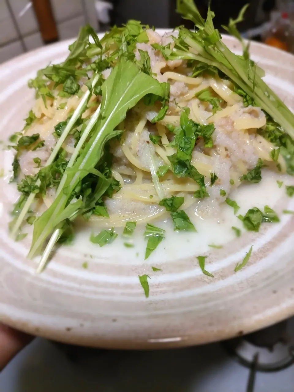 Snapdishの料理写真:鯛潮汁の蓮根ピューレと水菜（パスタ）|takuさん