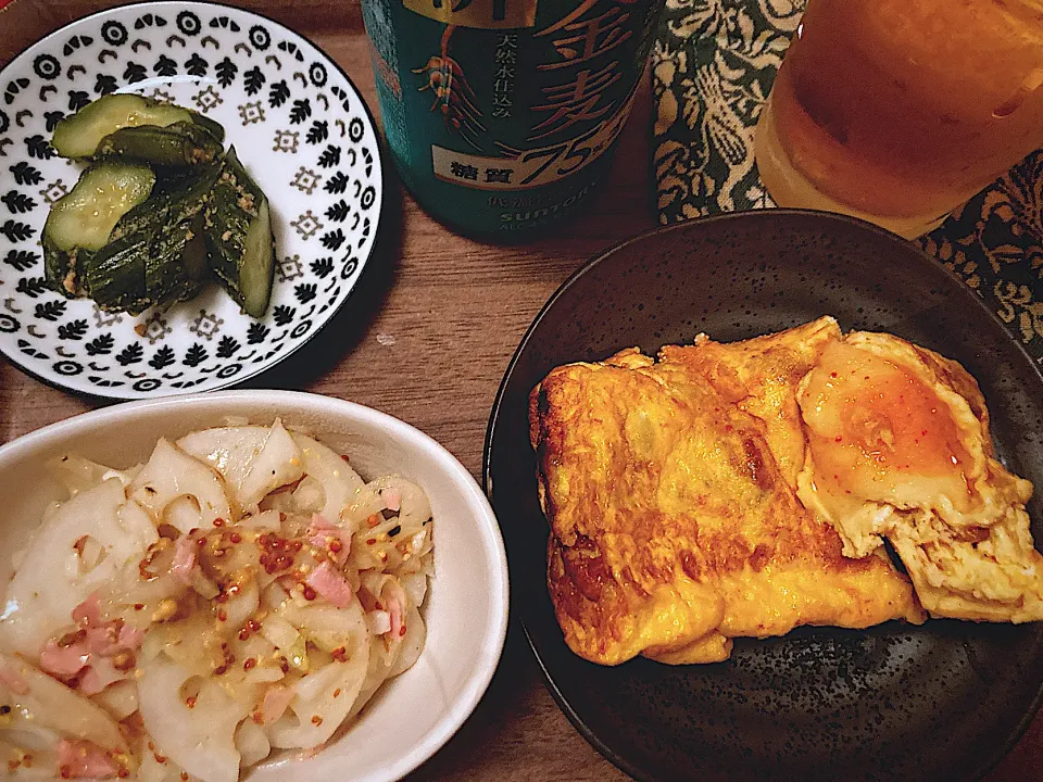 チーズ明太だし巻き🧀蓮根とハムのマスタードサラダ🥗きゅうりのぬか漬け🥒|gunlove❤さん