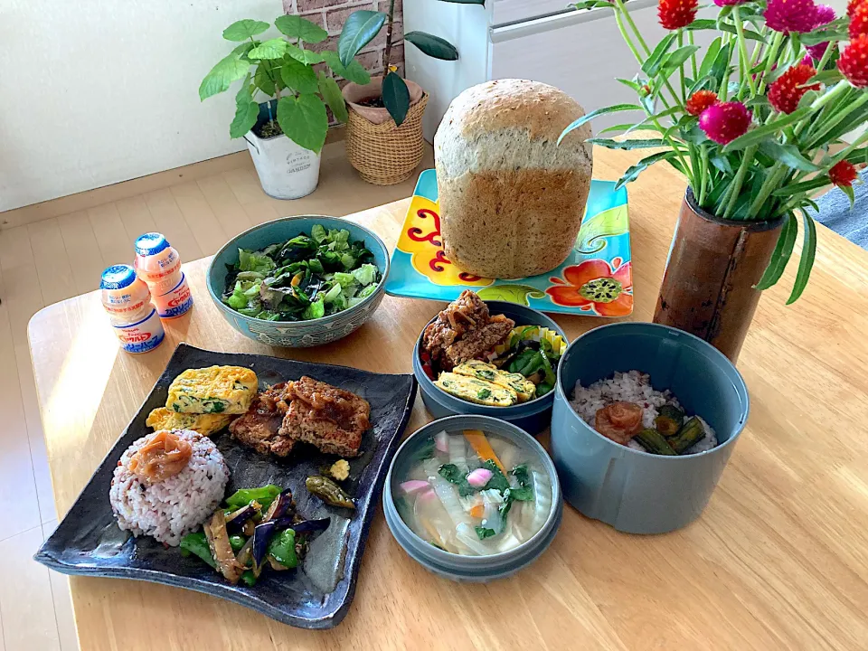 今日の旦那さんお弁当とmyランチプレート♡朝焼き胡麻パンドミ♡お味噌汁と一緒に作った夕飯用のワカメスープ|さくたえさん