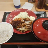 Snapdishの料理写真:牛焼肉ととんかつの定食|アクちゃんさん