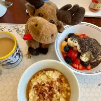 Snapdishの料理写真:2024/10/21 ベオの朝食：すりおろしリンゴ入りオートミール Breakfast for Beo: Oatmeal with Grated Apple| 19 Boys & 野鳥さん