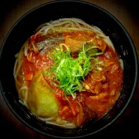 Snapdishの料理写真:茄子とベーコンのトマト煮込温めん|半田手延べそうめんの店 阿波や壱兆さん