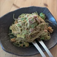 Snapdishの料理写真:あん肝アボカド、ベーコンの白だしクリームパスタ|9さん