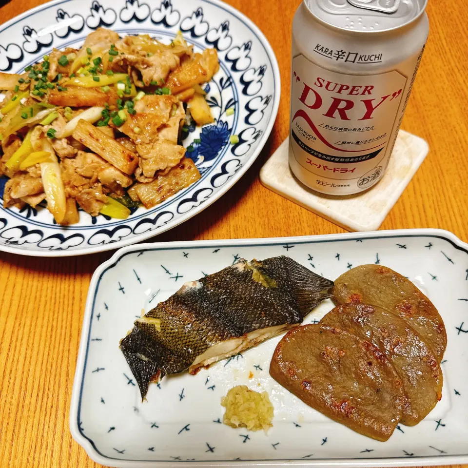 カレイの一夜干し、黒はんぺん
豚肉と長芋、ねぎの焼肉のタレ焼き|naoさん