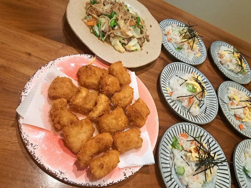 イカフライ　野菜炒め　焼き鮭の混ぜ寿司|m aさん