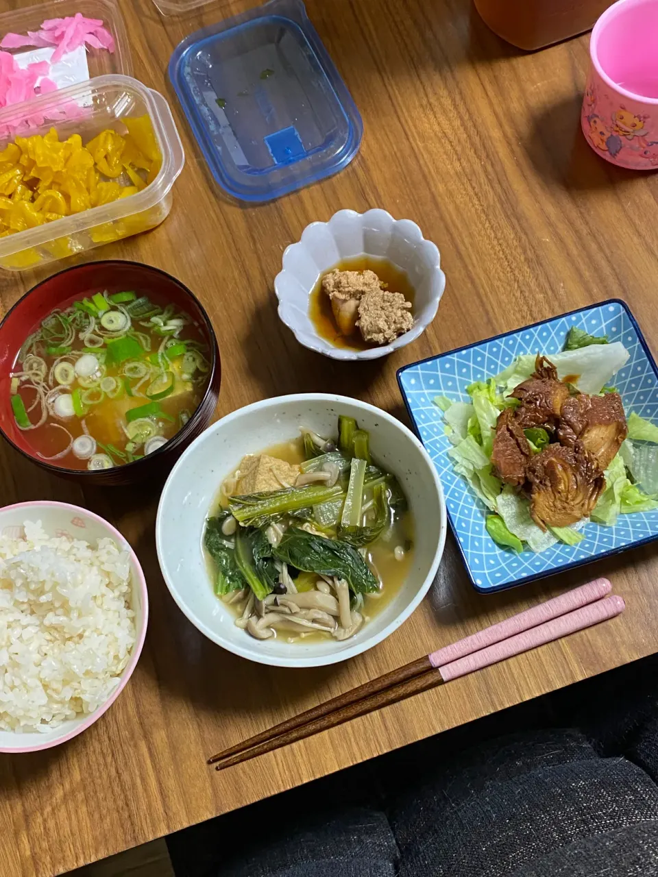 夜　小松菜煮物､鶏ささみ醤油漬け､助子煮物|みちくんさん