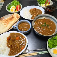 Snapdishの料理写真:カレーライス🍛・カレーうどん・カレーとナン・サラダ🌺|chiyukiさん