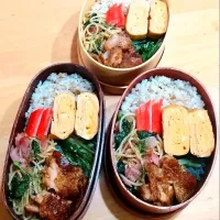 Snapdishの料理写真:バジルとベーコンパスタ&チキンステーキ弁当|NOZUさん