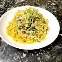 Snapdishの料理写真:ハムと水菜のパスタ|団長さん