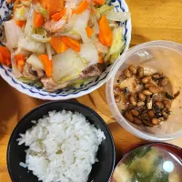 Snapdishの料理写真:手羽元と白菜の白だし煮込み、煮干しと大豆の甘酢あえ、小松菜としめじと油揚げの味噌汁|さきさん