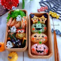 Snapdishの料理写真:🎃ジャックオランタンのカラフルおにぎり弁当👻