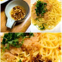 Snapdishの料理写真:”明太子パスタ”+”発酵のちからサクサクしょうゆアーモンド トリュフ”@ 自宅飯|平大さん