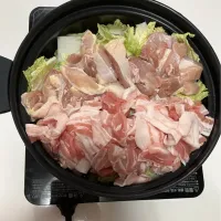 Snapdishの料理写真:晩御飯☆鍋。白菜・豚・鶏。「天下一品」の鶏白湯出汁で。〆は雑炊です。|Saharaさん