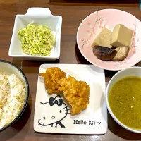 Snapdishの料理写真:大分とり天　皮ごとかぼちゃのポタージュ　高野豆腐と椎茸の煮物　胡麻キャベツ| おさむん17さん