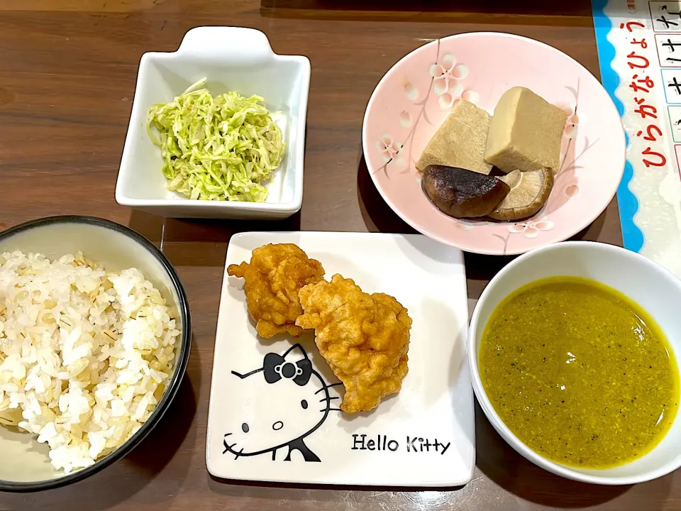 大分とり天　皮ごとかぼちゃのポタージュ　高野豆腐と椎茸の煮物　胡麻キャベツ|おさむん17さん