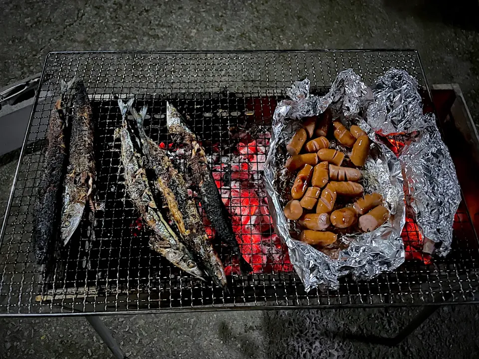 Snapdishの料理写真:秋刀魚の炭火焼き、シャウエッセン夜味|pepiさん