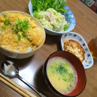 Snapdishの料理写真:親子丼・卵のスープ・豆腐とチーズ・ポテトサラダ🌺|chiyukiさん