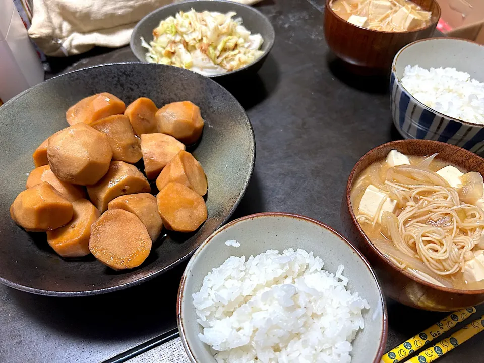 晩ごはん★里芋の煮っころがし、蒸しキャベツのおかかポン酢、豆腐とそうめんのみそ汁|ハルさん