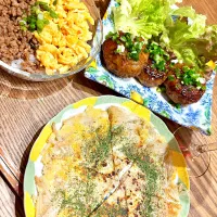 Snapdishの料理写真:2色丼 えのきのカリカリ焼き 豚ひき肉の照り焼き|あつこさん