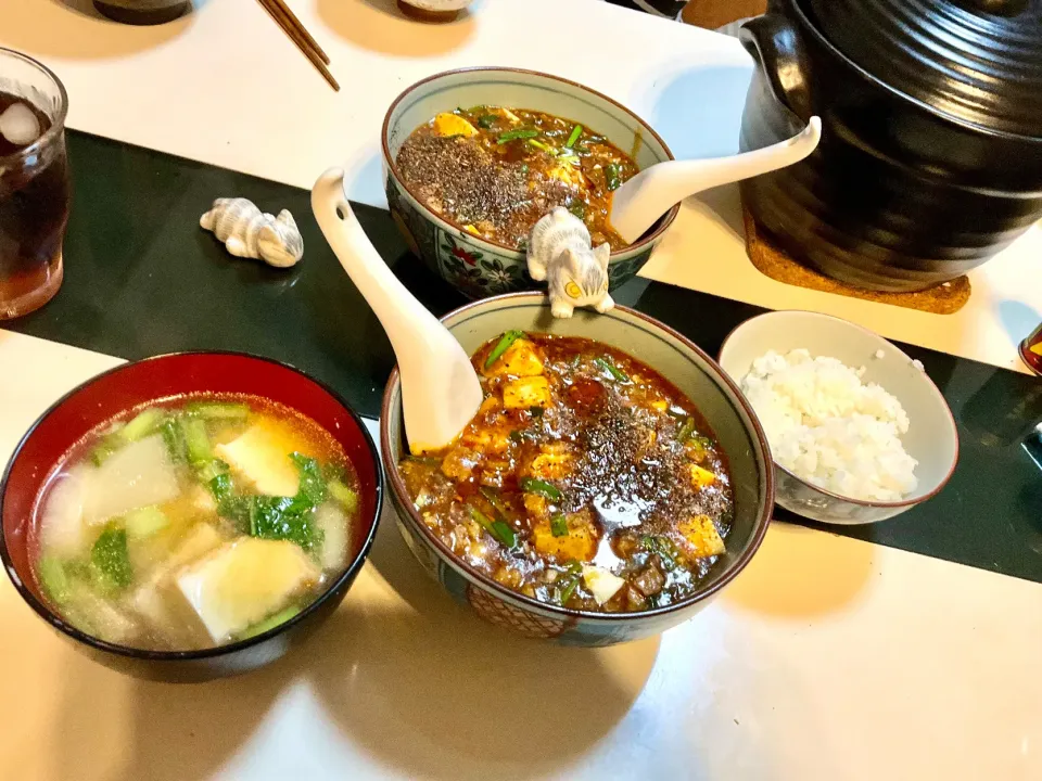 Snapdishの料理写真:麻婆豆腐とお味噌汁と土鍋ご飯で晩御飯|Takeshi  Nagakiさん