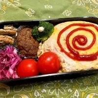 Snapdishの料理写真:2024.10.29 息子弁当　◎オムライス　◎ハンバーグ　◎もずくのチヂミ　◎紫キャベツのピクルス|goroさん