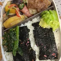 Snapdishの料理写真:豚肉と茄子とじゃがいものオーロラ味噌炒め、焼売、おくらベーコン、ほうれん草おひたし、コンソメキャベツ|ちあぽんさん