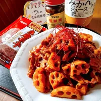 Snapdishの料理写真:オレンジチキンのタレで蓮根と豚肉の甘辛炒め