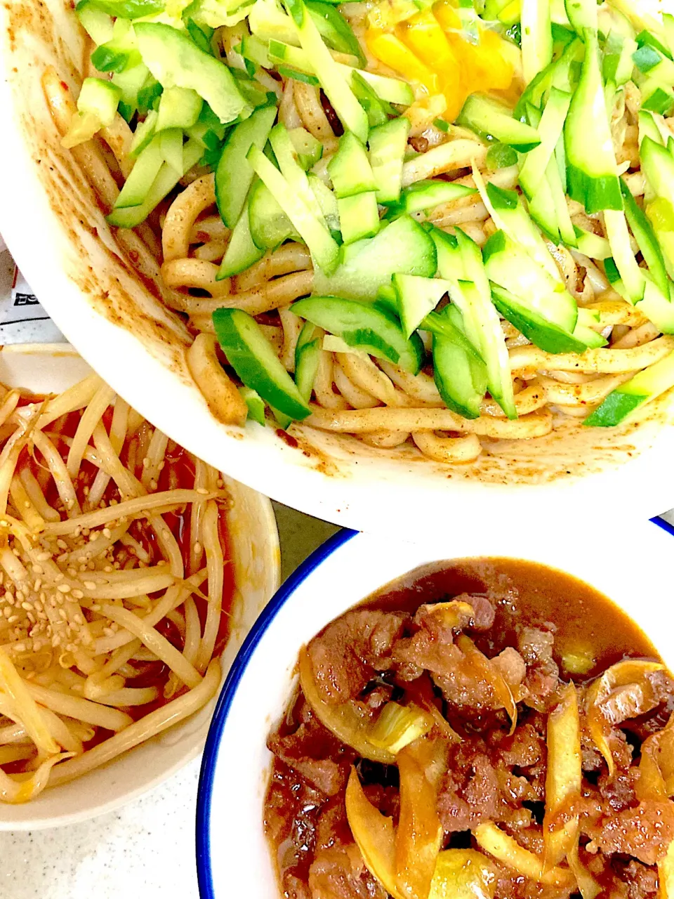 台湾うどん、甘辛焼肉、もやし炒め|まみみさん