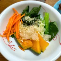 Snapdishの料理写真:アルモンデ野菜と削りチーズの玉ねぎドレサラダ|morimi32さん