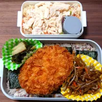 Snapdishの料理写真:今日の弁当は、十六穀ごはんののり弁当（浦安メンチ、チキンサラダ付き）。

 献立は、
・十六穀ごはん
・浦安メンチ
・きんぴらごぼう
・すぐき
・チキンサラダ|Mars＠釜飯作り研究中さん