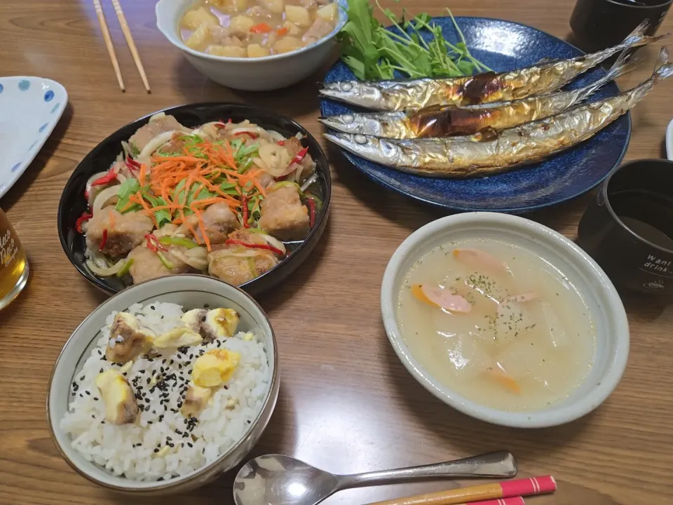 秋刀魚・肉じゃが・鯖の南蛮漬け・栗ご飯・冬瓜のスープ🌺|chiyukiさん