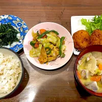 Snapdishの料理写真:肉野菜と卵の甜麺醤炒め　豚汁　冷凍のクリームコロッケ　ほうれん草の胡麻味噌和え|おさむん17さん