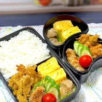 Snapdishの料理写真:ピーマン肉巻き＆えのき天ぷら弁当|アッキーさん