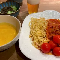 Snapdishの料理写真:チキンのトマト煮・🎃パンプキンスープ|くり子さん