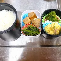 Snapdishの料理写真:こちらはパパ弁当。新米なのであったかジャー使用してみました！|りえはるさん