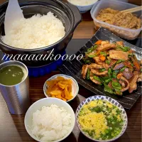 Snapdishの料理写真:土曜日のお昼ご飯🍚🐷🫑🥕|マイコさん