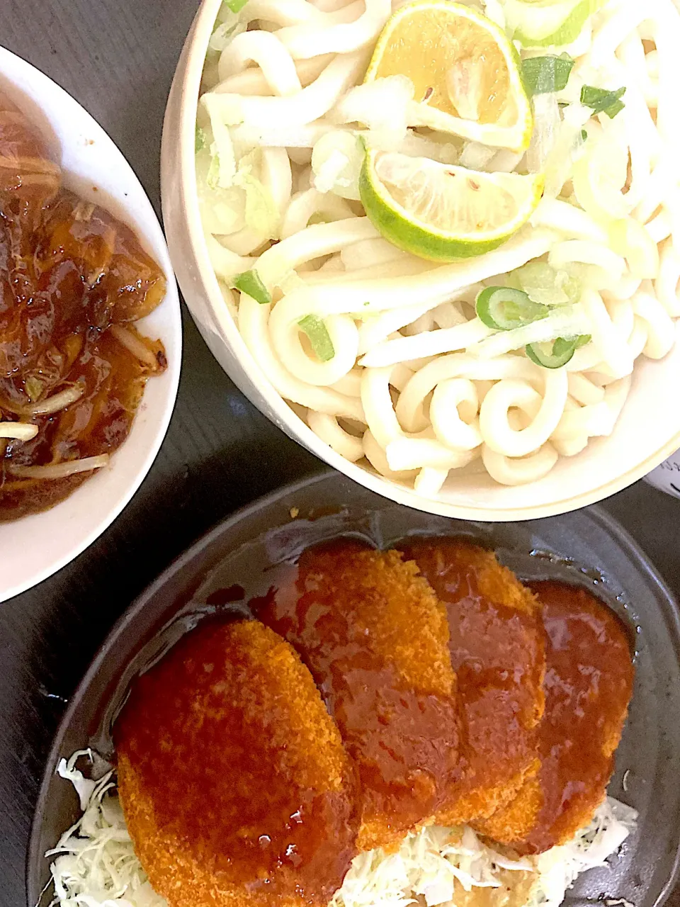 Snapdishの料理写真:酢橘うどん、コロッケ、餡かけ焼き豆腐|まみみさん