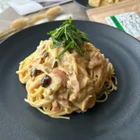 Snapdishの料理写真:【食卓を紡ぐおたより便】だしパウダー de ベーコンときのこの和風クリームパスタ