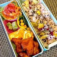 Snapdishの料理写真:おっさん弁当　パスタ🍝　オクラ　ほうれん草と🌽のバター　卵焼き　ムネ唐🍗　20穀米🍠入り|ひげおやじさん