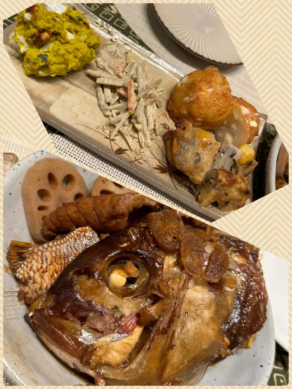 鯛のあら煮、かぼちゃサラダ、ごぼうサラダ、長谷井の天ぷら|amiさん