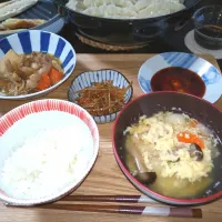 Snapdishの料理写真:我が家の晩ごはん　青天の霹靂ご飯と卵とじすいとん汁|vege食堂さん