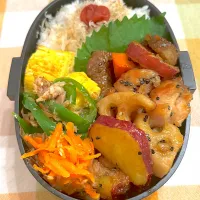 Snapdishの料理写真:1105 鶏むねと秋の根菜揚げ煮 男子高校生弁当　昨日は大会お疲れさま！|Riieeさん