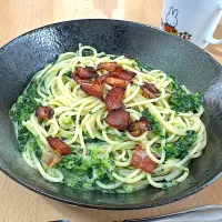 Snapdishの料理写真:ほうれん草とベーコンのクリームパスタ|G0MAさん