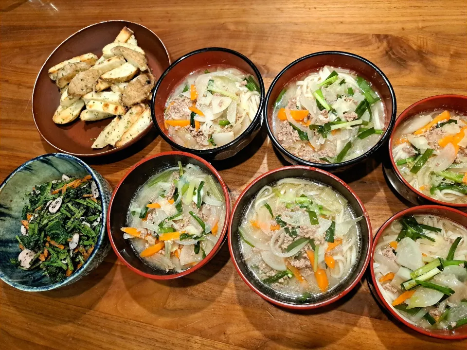 肉味噌うどん　ほうれん草の黒ごま和え　ベイクドポテト|m aさん