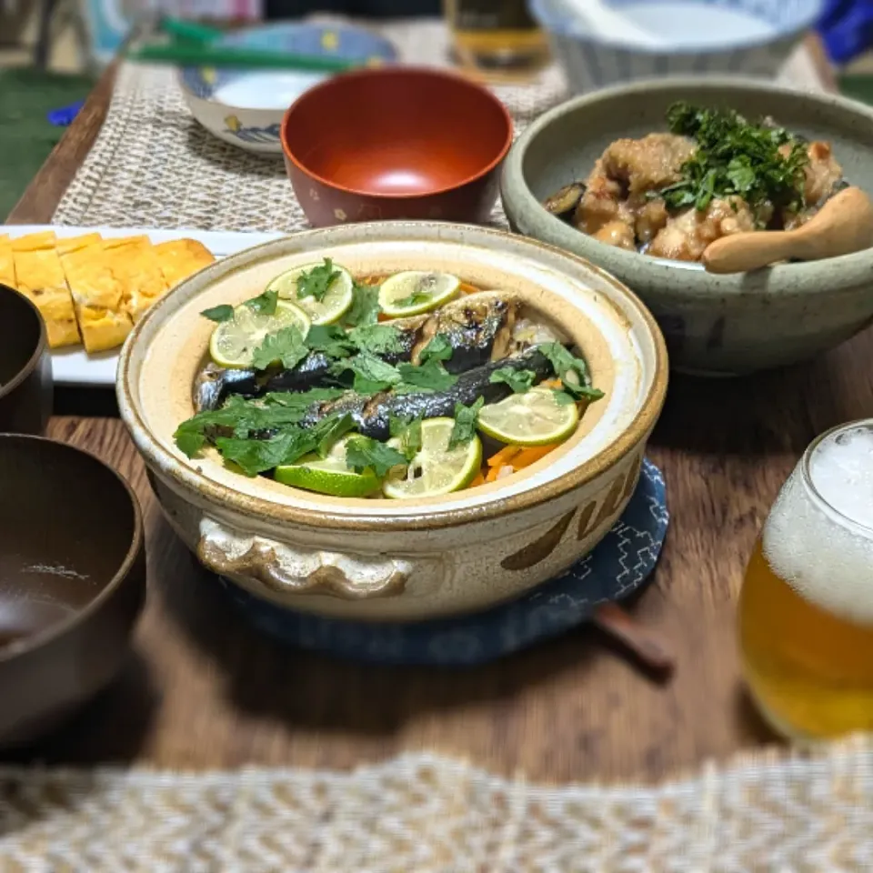 秋刀魚の炊き込みご飯/なすと鶏むね肉のみぞれ煮/卵焼き|しおりさん