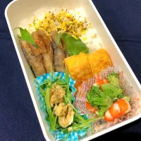 Snapdishの料理写真:のりたまごふりかけ、たまご焼き、メヒカリの唐揚げ、豆苗とたまご炒め、エビとブロッコリーのマヨ和え、|きらきらさん