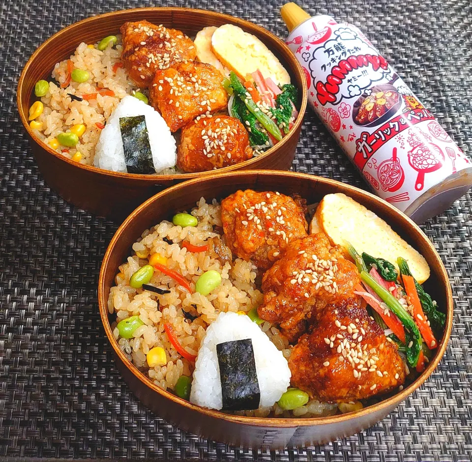 母とムスコのラブラブおソロ♪ピリ辛Yummy!マヨ唐揚げ＆五目混ぜご飯弁当|からあげビールさん